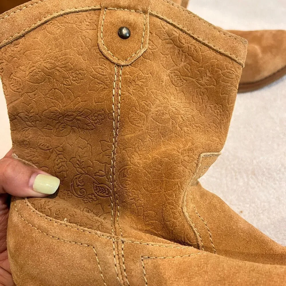 Limelight Brown Ankle Boots Floral Leather Womens 9 Block Heel Cowgirl Western